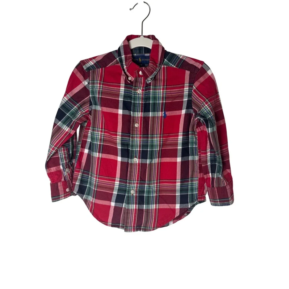 Ralph Lauren Boys Red Plaid Button Down Shirt Long Sleeve Pony Logo Size 3T